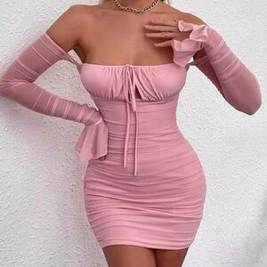Pink Long-Sleeve Bodycon Off-Shoulder Dress NWOT